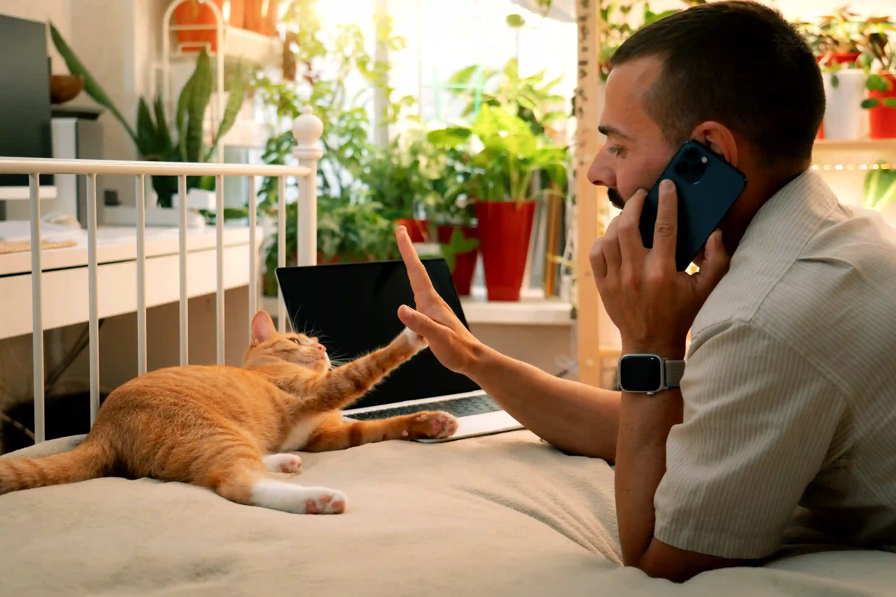 Pessoa usando notebook em casa enquanto acaricia um cachorro feliz ao seu lado