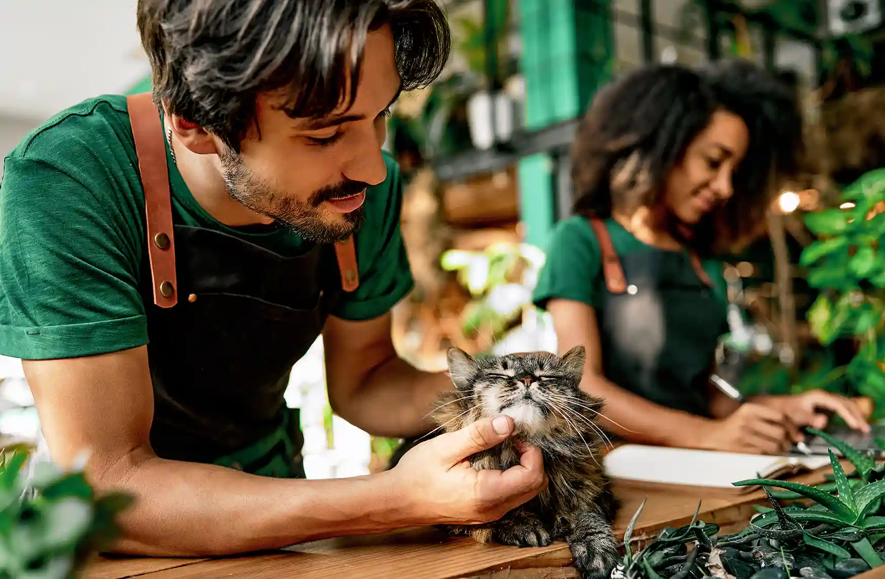Mulher acariciando cachorro em consulta veterinária enquanto profissional prepara atendimento