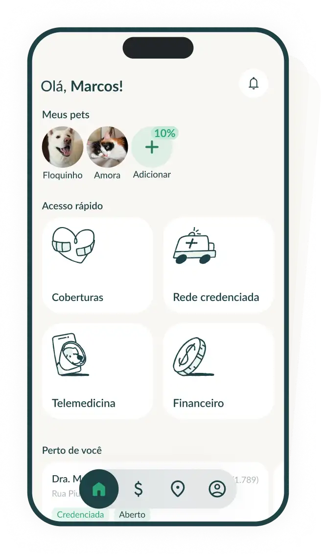 Tela inicial do aplicativo da Dog Life, com os pets do tutor e atalhos para coberturas, rede credenciada, telemedicina e financeiro.